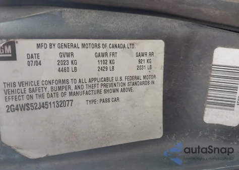 2005 Buick Century из США, поврежденный, VIN 2G4WS52J451132077